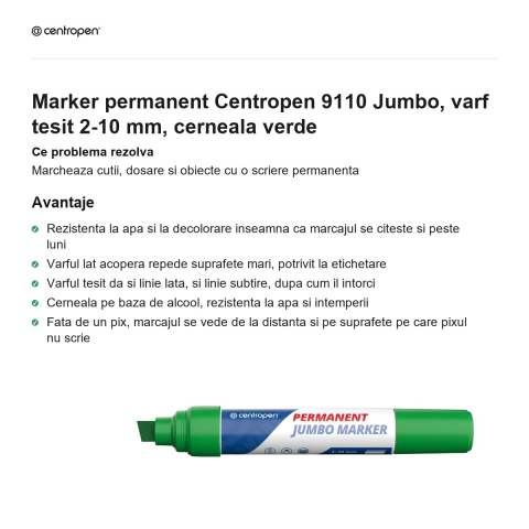 Marker permanent Centropen 9110 Jumbo, varf tesit 2-10 mm, cerneala verde [1]