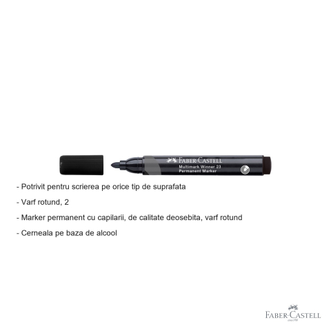 Marker permanent Faber-Castell Winner 23 Multimark, varf rotund 2.8 mm, cerneala pe baza de alcool, negru [1]