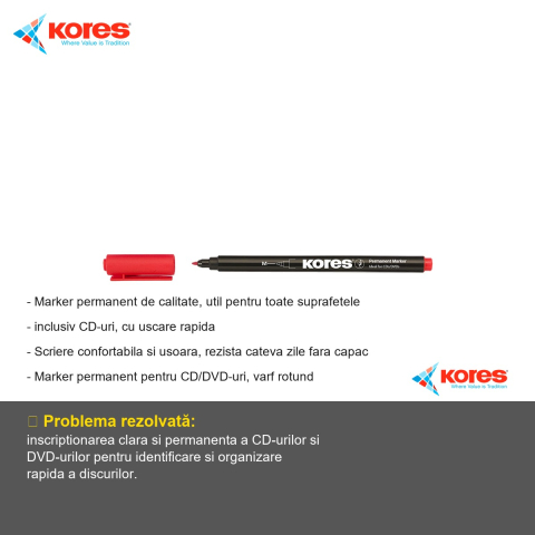Marker permanent Kores pentru CD/DVD, varf rotund 1.0 mm, rosu, uscare rapida [1]