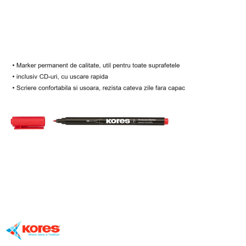 Marker permanent Kores pentru CD/DVD, varf rotund 1.0 mm, rosu, uscare rapida [2]