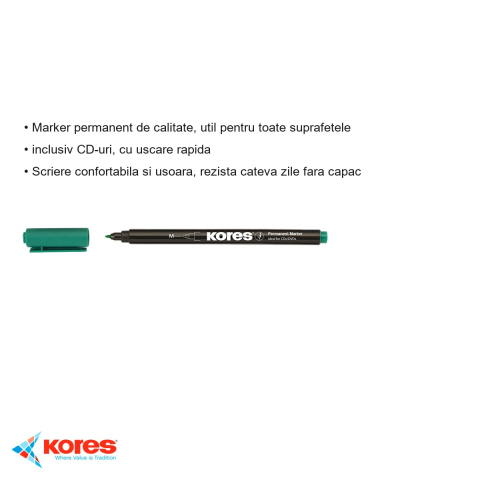 Marker permanent Kores pentru CD/DVD, varf rotund 1.0mm, culoare verde, uscare rapida [2]