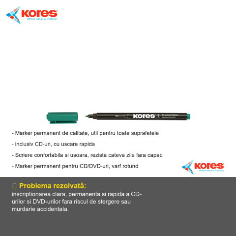 Marker permanent Kores pentru CD/DVD, varf rotund 1.0mm, culoare verde, uscare rapida [1]