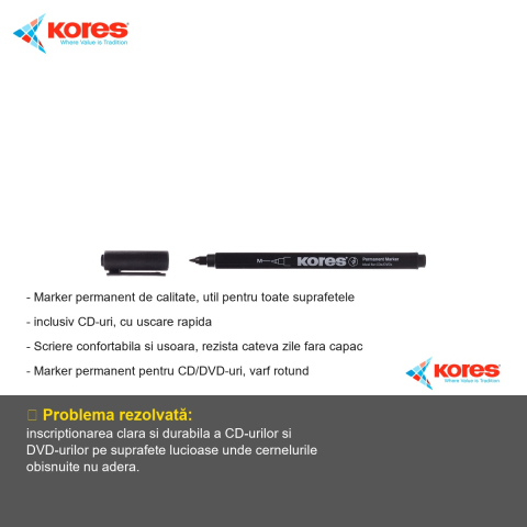 Marker permanent Kores pentru CD/DVD, varf rotund 1.0mm, negru, uscare rapida [1]