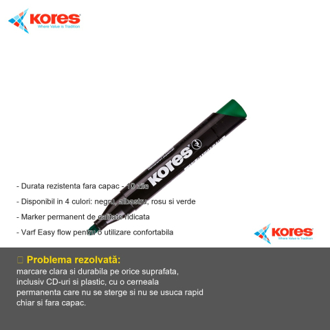 Marker permanent Kores, varf rotund 3mm, verde, scriere pe orice suprafata inclusiv CD-uri [1]