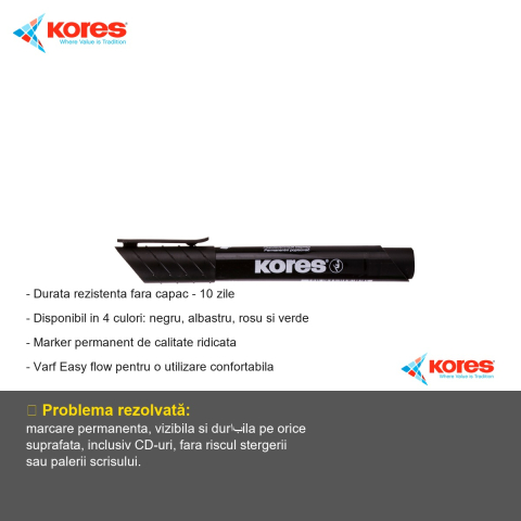 Marker permanent negru Kores, varf rotund 3mm, scriere pe orice suprafata, inclusiv CD-uri [1]
