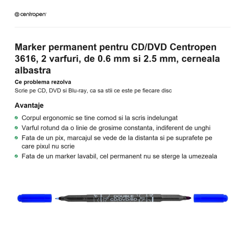 Marker permanent pentru CD/DVD Centropen 3616, 2 varfuri, de 0.6 mm si 2.5 mm, cerneala albastra [1]