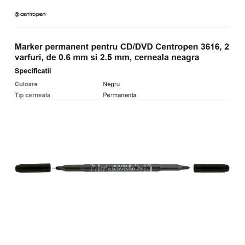 Marker permanent pentru CD/DVD Centropen 3616, 2 varfuri, de 0.6 mm si 2.5 mm, cerneala neagra [2]