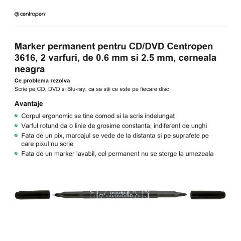 Marker permanent pentru CD/DVD Centropen 3616, 2 varfuri, de 0.6 mm si 2.5 mm, cerneala neagra [1]