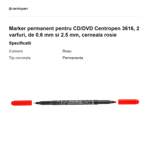 Marker permanent pentru CD/DVD Centropen 3616, 2 varfuri, de 0.6 mm si 2.5 mm, cerneala rosie [2]