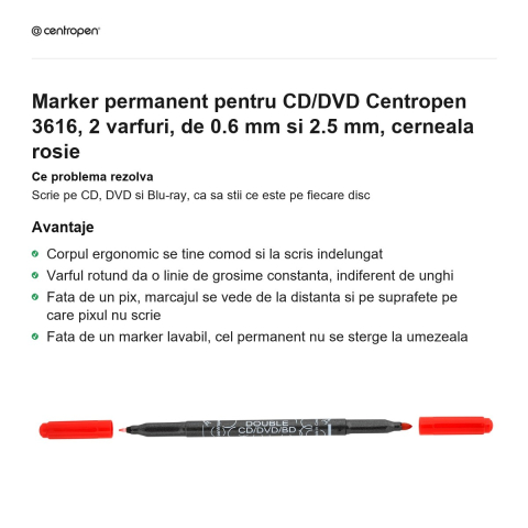 Marker permanent pentru CD/DVD Centropen 3616, 2 varfuri, de 0.6 mm si 2.5 mm, cerneala rosie [1]