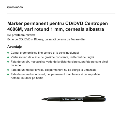Marker permanent pentru CD/DVD Centropen 4606M, varf rotund 1 mm, cerneala albastra [1]