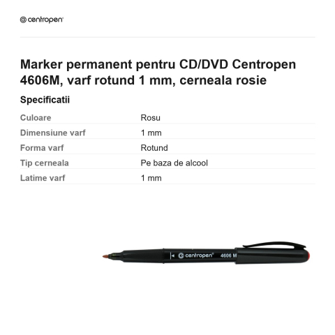Marker permanent pentru CD/DVD Centropen 4606M, varf rotund 1 mm, cerneala rosie [2]