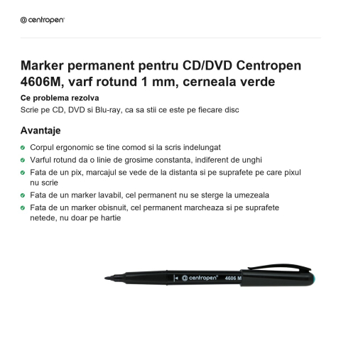 Marker permanent pentru CD/DVD Centropen 4606M, varf rotund 1 mm, cerneala verde [1]