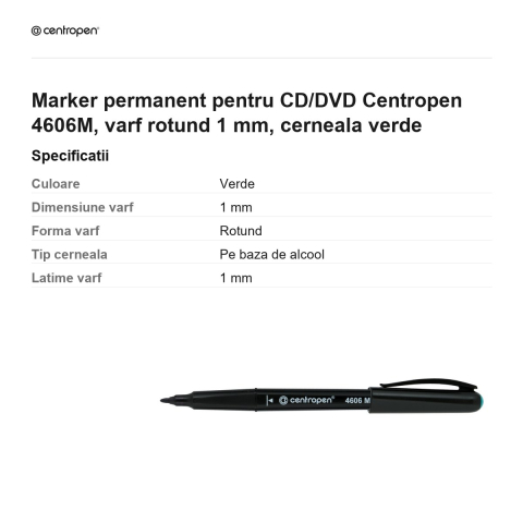 Marker permanent pentru CD/DVD Centropen 4606M, varf rotund 1 mm, cerneala verde [2]