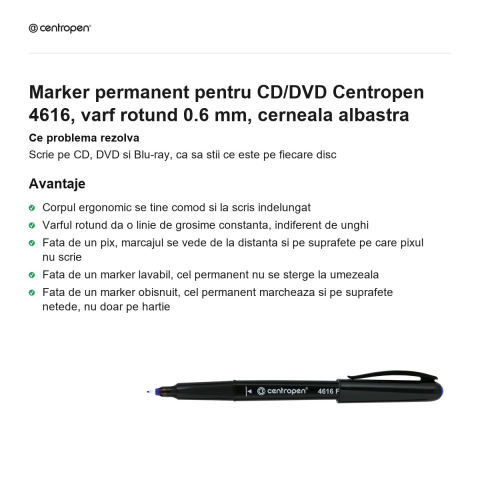 Marker permanent pentru CD/DVD Centropen 4616, varf rotund 0.6 mm, cerneala albastra [1]