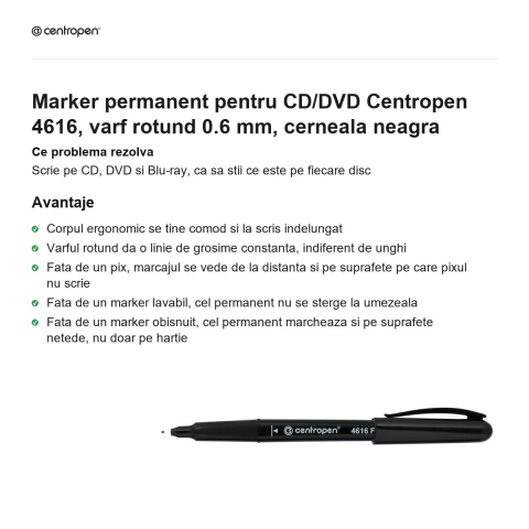 Marker permanent pentru CD/DVD Centropen 4616, varf rotund 0.6 mm, cerneala neagra [1]