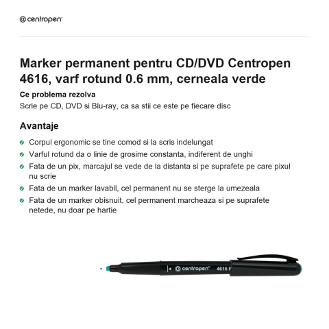 Marker permanent pentru CD/DVD Centropen 4616, varf rotund 0.6 mm, cerneala verde [1]