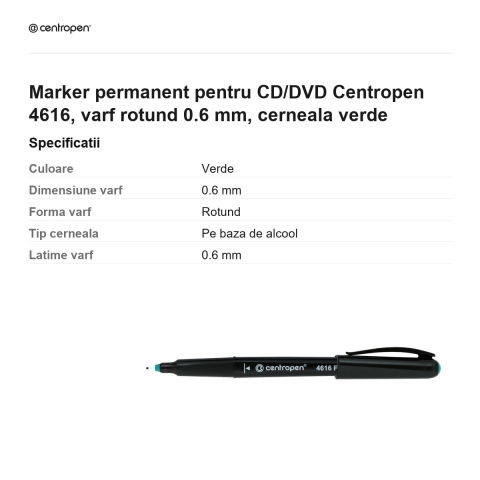 Marker permanent pentru CD/DVD Centropen 4616, varf rotund 0.6 mm, cerneala verde [2]