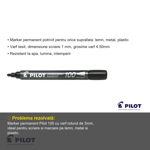 Marker permanent Pilot 100, varf rotund 3mm, negru, rezistent la apa, pentru orice suprafata [2]