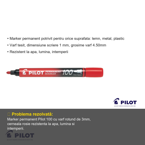 Marker permanent Pilot 100, varf rotund 3mm, rosu, pentru lemn metal si plastic [2]