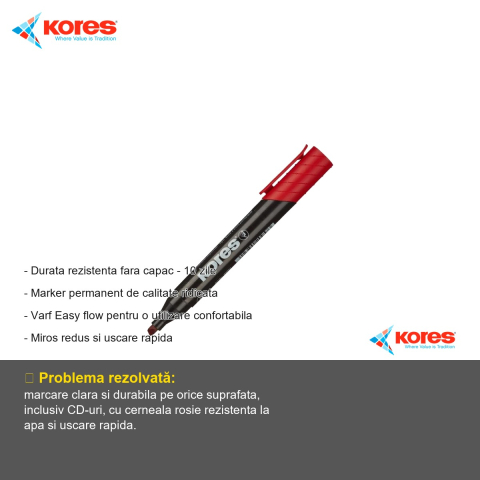 Marker permanent varf tesit Kores, varf Easy Flow, scriere pe orice suprafata inclusiv CD-uri [1]