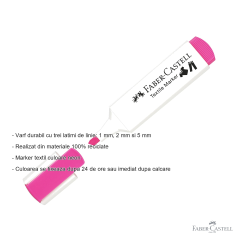 Marker textil Faber-Castell, culoare roz neon, varf tripl, pentru personalizare textile [1]