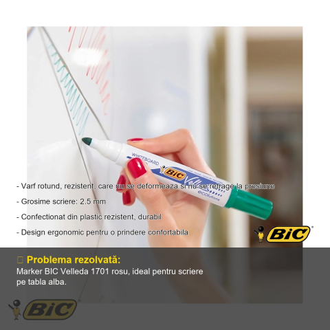 Marker whiteboard Bic Velleda 1701, varf rotund 2.5 mm, cerneala rosie pe baza de alcool, pentru tabla alba [1]