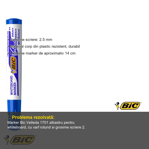 Marker whiteboard Bic Velleda 1701, varf rotund albastru 2.5 mm, cerneala pe baza de alcool, pentru tabla alba [2]