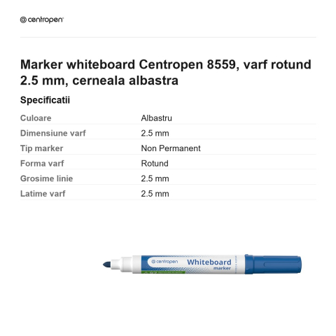 Marker whiteboard Centropen 8559, varf rotund 2.5 mm, cerneala albastra [2]