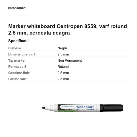 Marker whiteboard Centropen 8559, varf rotund 2.5 mm, cerneala neagra [2]
