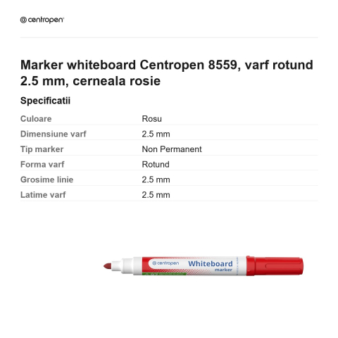 Marker whiteboard Centropen 8559, varf rotund 2.5 mm, cerneala rosie [2]