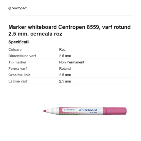 Marker whiteboard Centropen 8559, varf rotund 2.5 mm, cerneala roz [2]