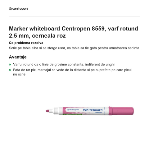 Marker whiteboard Centropen 8559, varf rotund 2.5 mm, cerneala roz [1]
