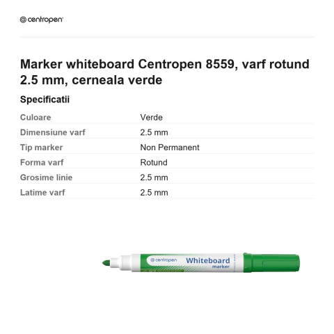 Marker whiteboard Centropen 8559, varf rotund 2.5 mm, cerneala verde [2]