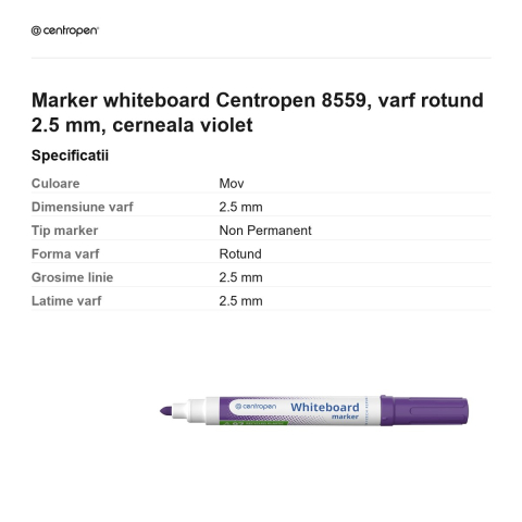 Marker whiteboard Centropen 8559, varf rotund 2.5 mm, cerneala violet [2]