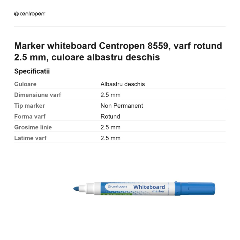 Marker whiteboard Centropen 8559, varf rotund 2.5 mm, culoare albastru deschis [2]