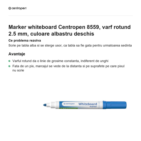 Marker whiteboard Centropen 8559, varf rotund 2.5 mm, culoare albastru deschis [1]