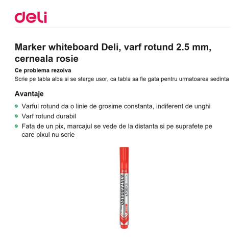 Marker whiteboard Deli, varf rotund 2.5 mm, cerneala rosie [1]
