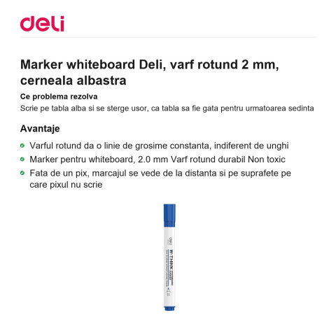 Marker whiteboard Deli, varf rotund 2 mm, cerneala albastra [1]