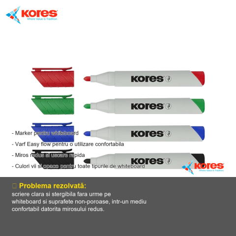 Marker whiteboard Kores Eco, varf 3mm, culoare albastra, scriere fluida pe table albe [1]