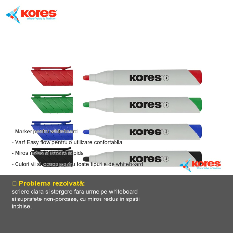 Marker whiteboard Kores Eco, varf 3mm, negru, uscare rapida, pentru toate tipurile de whiteboard [1]