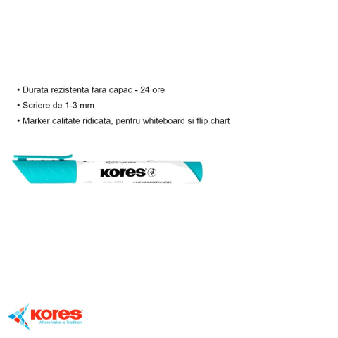 Marker whiteboard Kores, varf rotund 1-3 mm, cerneala turcoaz, stergere uscata fara reziduuri [2]