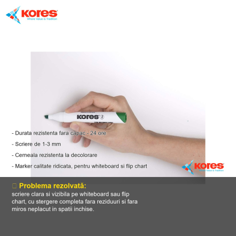 Marker whiteboard Kores, varf rotund 1-3 mm, cerneala turcoaz, stergere uscata fara reziduuri [1]