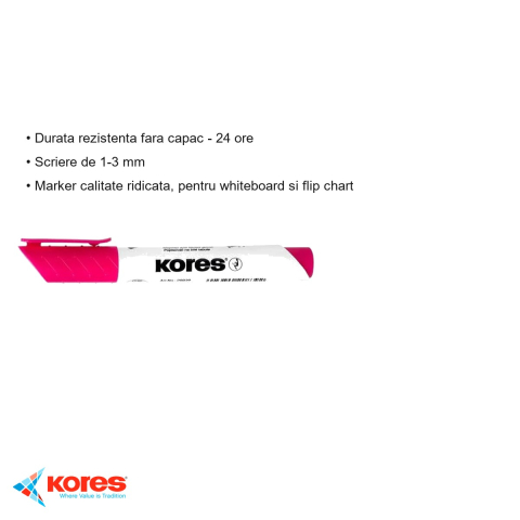 Marker whiteboard Kores, varf rotund 1-3 mm, culoare magenta, scriere fluida pentru table albe si flip chart [2]