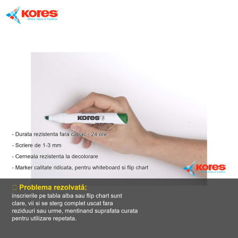 Marker whiteboard Kores, varf rotund 1-3 mm, culoare verde deschis, scriere fluida pentru table albe si flip chart [1]