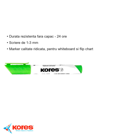 Marker whiteboard Kores, varf rotund 1-3 mm, culoare verde deschis, scriere fluida pentru table albe si flip chart [2]