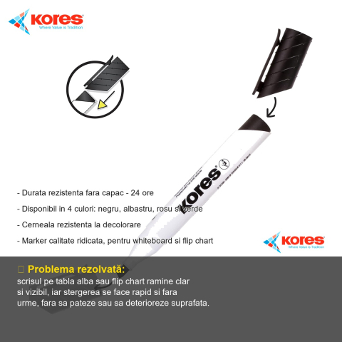 Marker whiteboard Kores, varf rotund 3mm, cerneala rosie, uscare rapida, pentru tabla alba si flip chart [1]