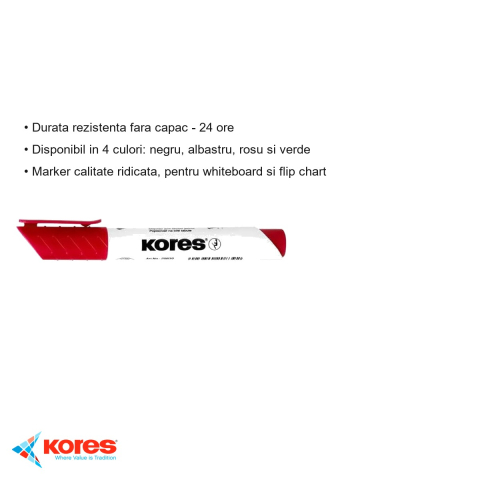Marker whiteboard Kores, varf rotund 3mm, cerneala rosie, uscare rapida, pentru tabla alba si flip chart [2]