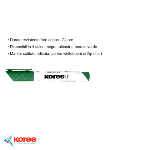 Marker whiteboard Kores, varf rotund 3mm, cerneala verde, stergere uscata fara reziduuri [2]