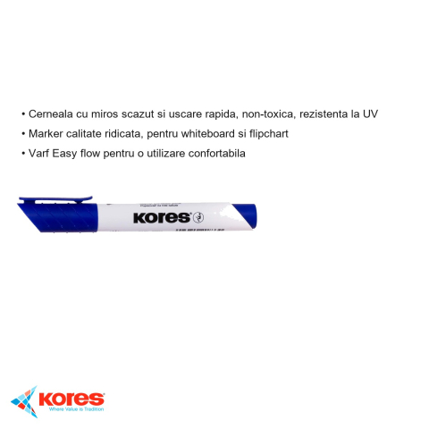 Marker whiteboard Kores, varf tesit, cerneala albastra cu uscare rapida, pentru whiteboard si flipchart [2]